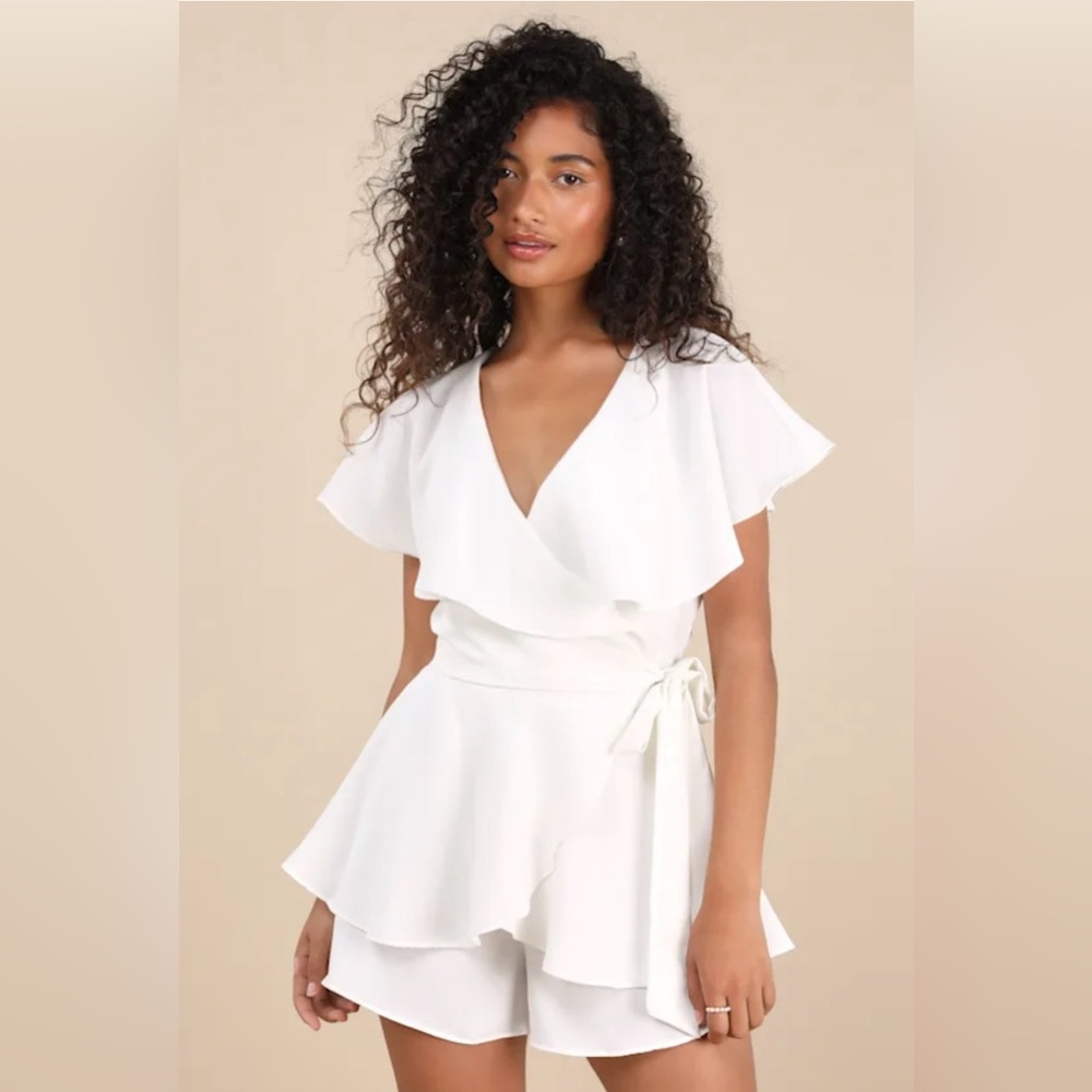 Lulu's White Ruffled Backless Wrap Skort Romper